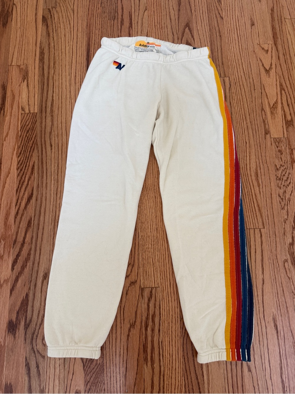 Aviator Nation Women’s Cream Sweatpants with Rainbow Side Stripes - Medium